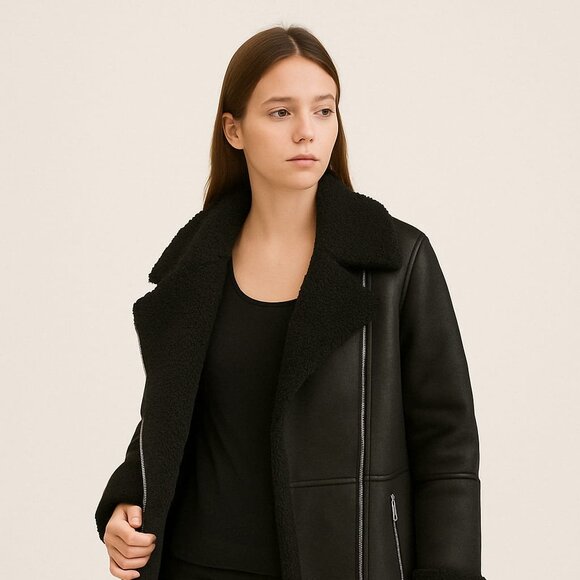 ZARA Faux Shearling Aviator Coat – Black - Picture 1 of 4